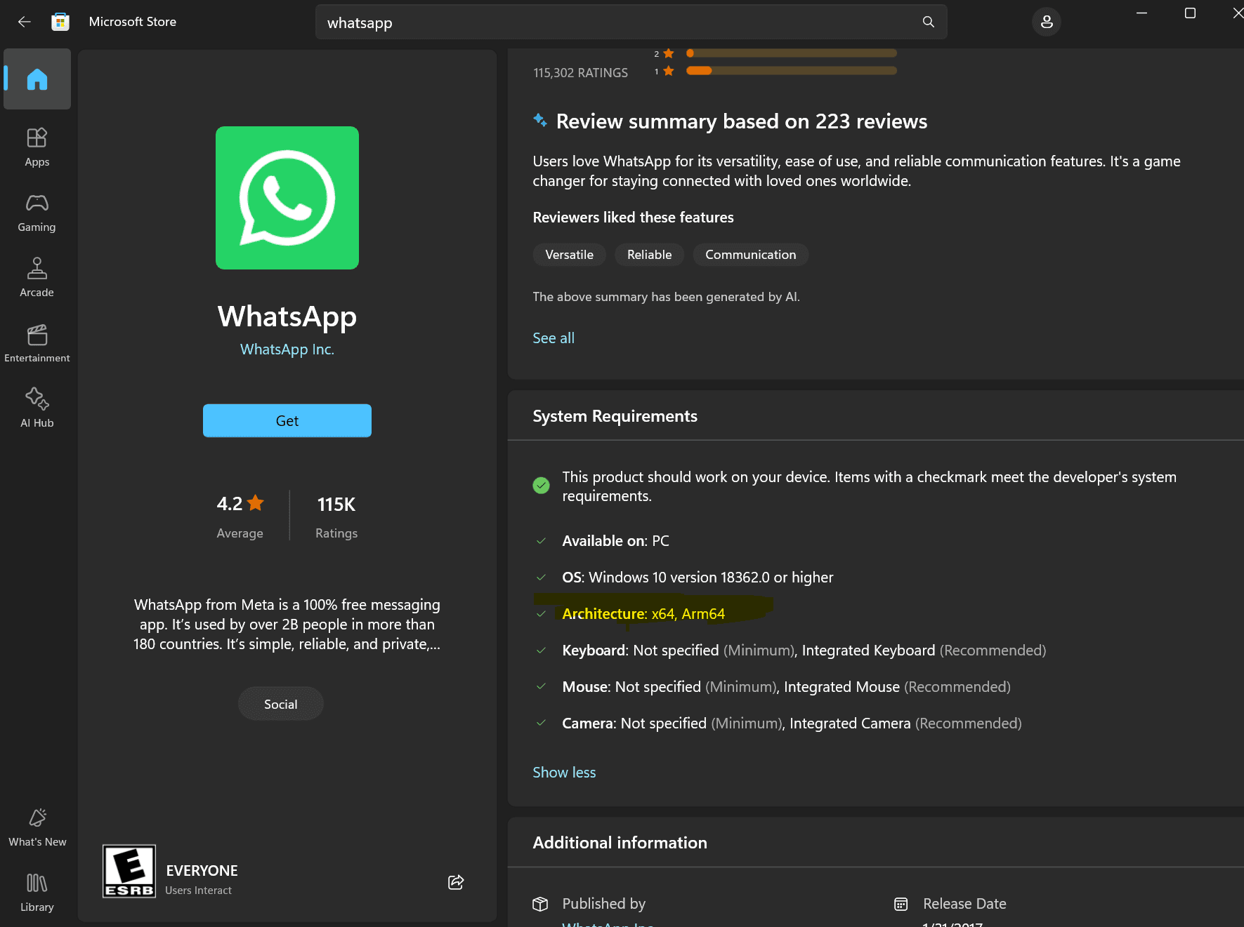 Screenshot of Microsoft Store showing architecture details for WhatsApp